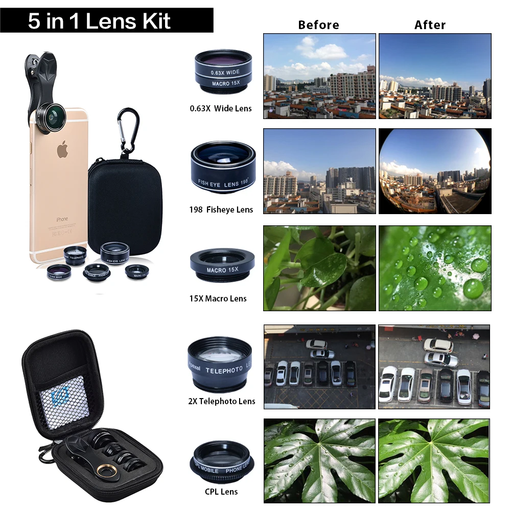 Universal clip 5 in 1 0.63X Wide Angle+Macro+FishEye+2X Telephoto +CPL lens Camera Lens lente para for iPhone 6 plus xiaomi DG5H