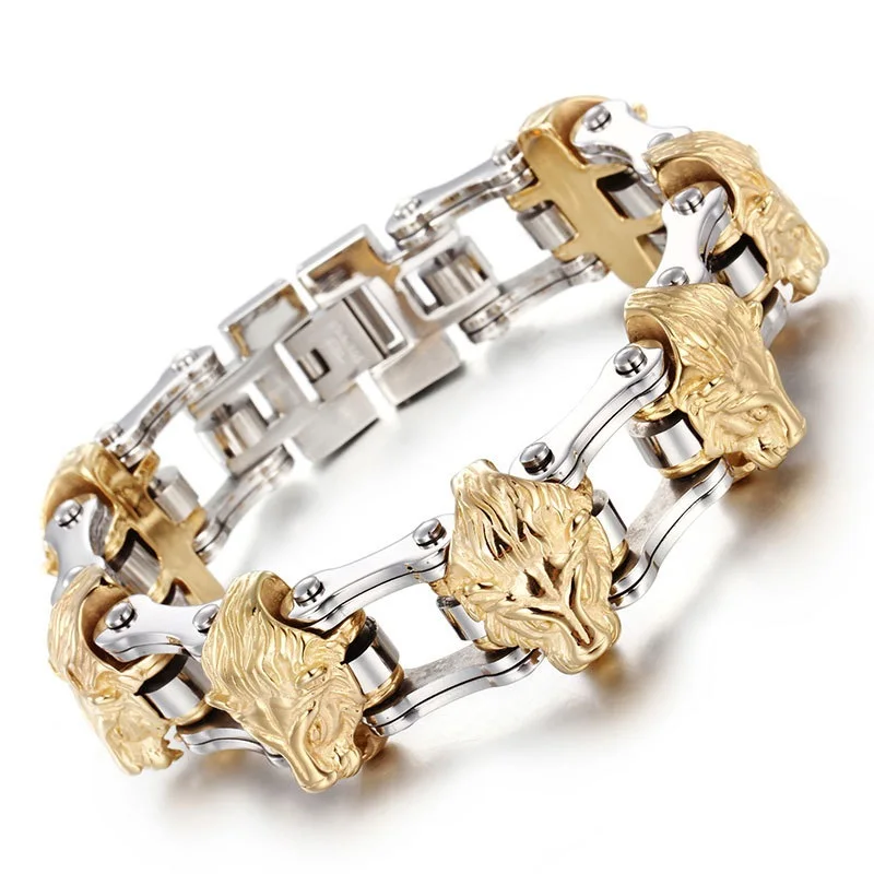 New Gold  Men 's Stainless Steel Bracelet Men' s Lion 's Head Bracelet  Alternative Bicycle Bracelet