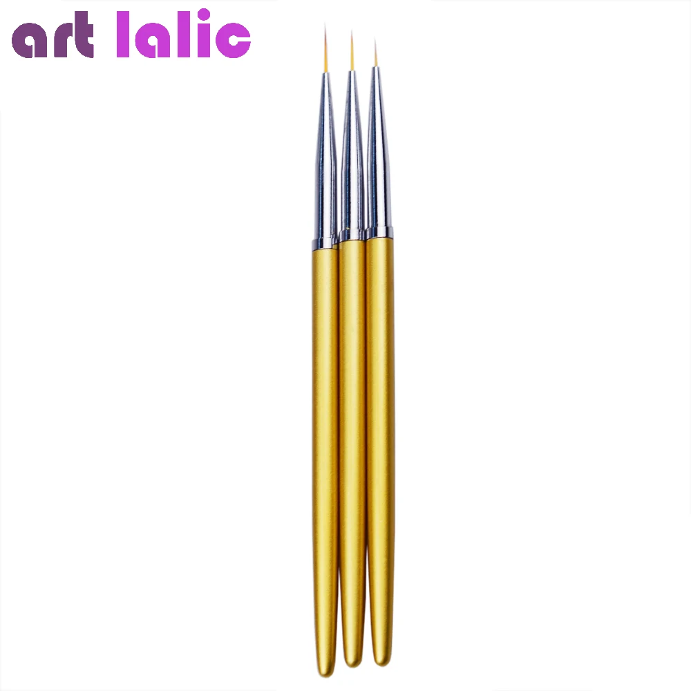 3Pcs Gold Metal Liner Brushes Set for Nail Art Manicure Wide Line Star Geometry Drawing Flower Grid Stripe Painting Pen Kit