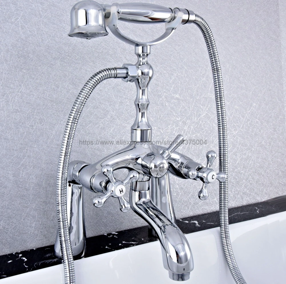 Deck Mounted Bathtub Faucet Double Handle Polished Chrome Mixer Tap Bath Shower Faucets With Hand Shower Ntf751