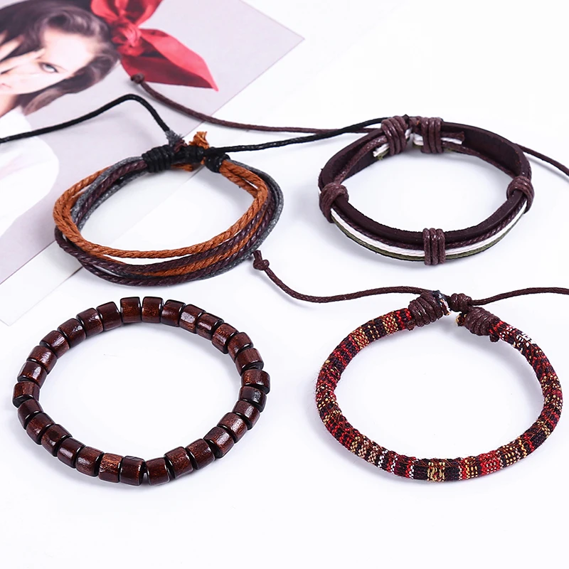 4pcs/set hippie punk boho dark brown leather wood beads wax cord knots wrap wide Bracelets Bangles for man hand jewelry