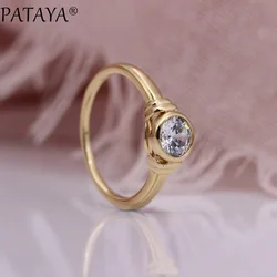 PATAYA New Glossy Hollow Rings Gifts 585 Rose Gold Color Round Natural Zircon Ring Romantic Wedding Simple Fine Fashion Jewelry