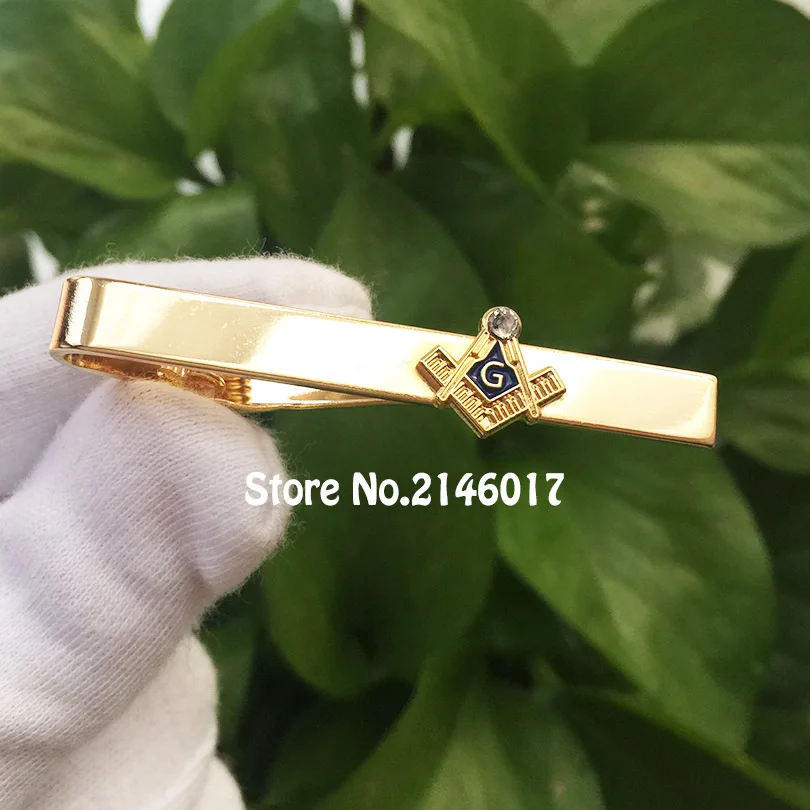 10pcs Freemason Masons Tie Clips Mens Blue Lodge Gold Color Masonic Square and Compass G rhinestone Tie Bar Clothing Accessory