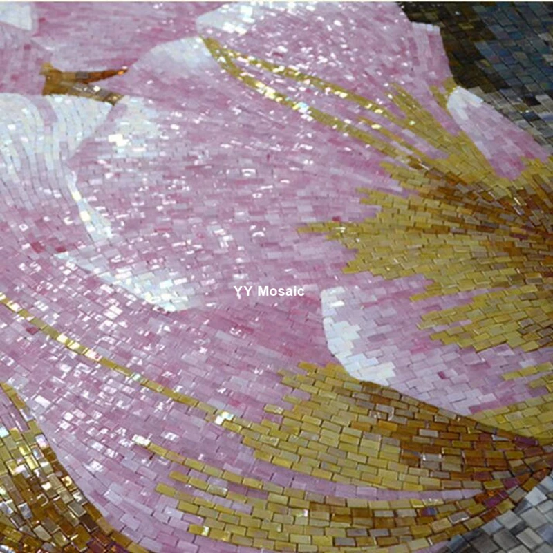 Custom Art Mural Pink Tulip Flower Glimmer Ice Jade Crystal Glass Mosaic Tile Artwork Wall Tile Modern Home Decoration Painting