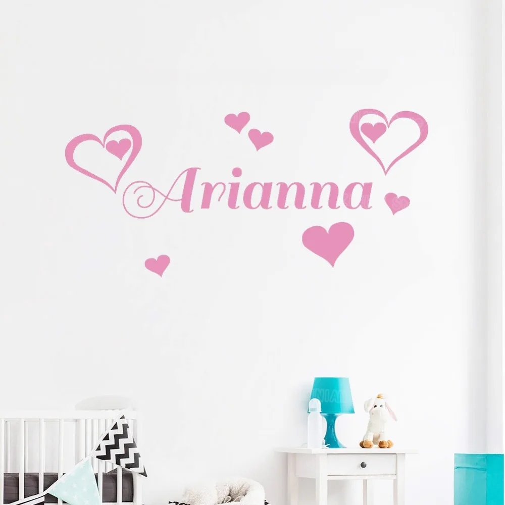 Custom Name Double Heart Wall Sticker Bedroom Hipster Lovely Kids Room Decor Girl Nursery Wall Decals Personalized Decal Z286