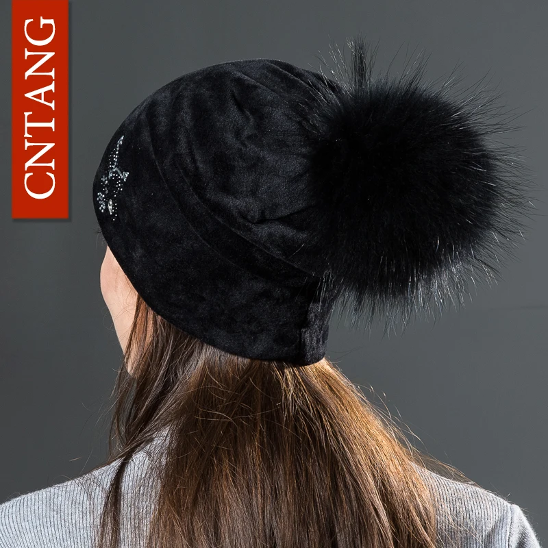 CNANG 2024 Owl Rhinestones Hats For Women Winter Warm Plus Velvet Fashion Caps With Natural Fur Pompoms Female Skullies Beanies