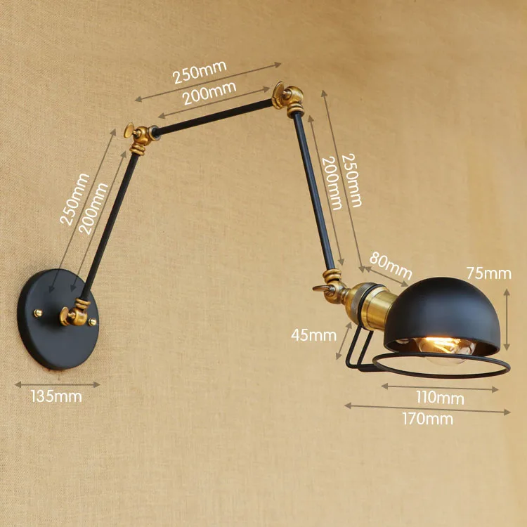 Black Loft Style Industrial Retro Vintage Wall Lamp Edison Wandlampen Adjustable Swing Long Arm Wall Light Fixtures Sconces