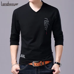 2023 New Fashion Brand T Shirt For Men Korean Boyfriend Gift Trending Tops Streetwear V Neck Print  Long Sleeve Tee Men Clothes