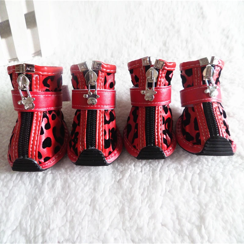 4pcs/set Gold Leopard Leather Pet Dog Shoes PU anti-slip Boot for small dogs Teddy dog cat Waterproof shoes Puppy Booties ZL353