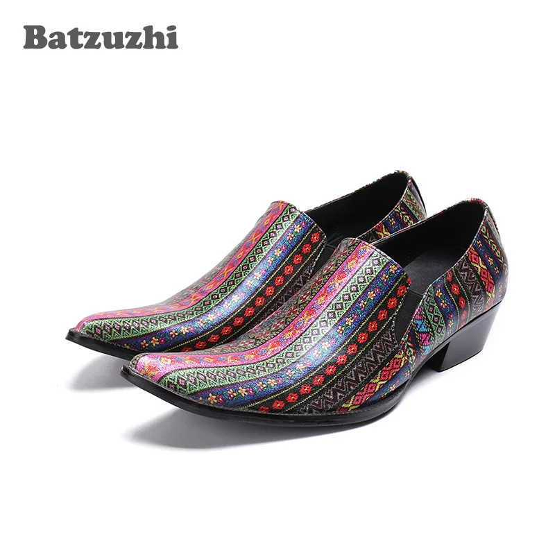 Batzuzhi 6.5cm Heels Men Shoes Pointed Toe Muti Color Vintage Genuine Leather Men Dress Shoes Party, Business Zapatos Hombre!