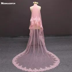 Customized New Real Photos Two Layers Lace Edge Cover Face Pink Tulle Wedding Veil with Blusher 2 T Bridal Veil