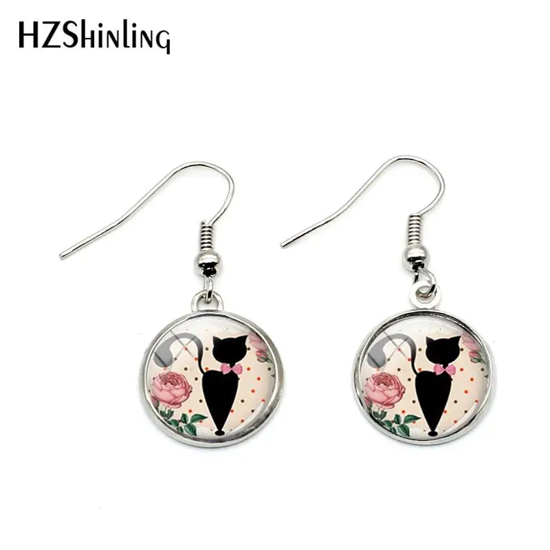 NHE-0114 New Siamese Cats Fish Hook Earrings Black Cat Silhouette Pendant Earrings Glass Hand Craft Jewelry