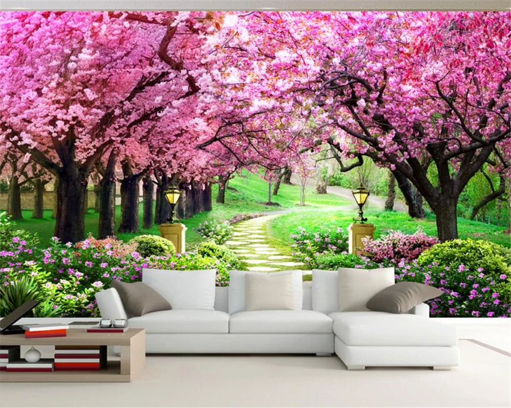 

Beibehang 3d wallpaper cherry tree garden garden path landscape background wall living room bedroom TV background mural photo