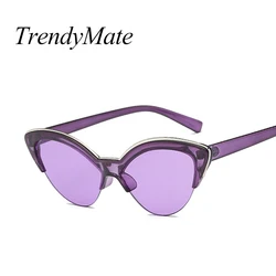 Luxury Vintage Sunglasses Woman Purple Brand Retro Shades Points Big Cat Eye Half Frame Sun Glasses Ladies Female Sunglass 5184M