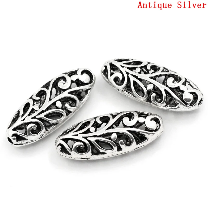 Doreen Box hot-  Spacer Beads Oval Silver Color Hollow Flower Carved 23x10mm,Hole:Approx 1.5mm,20PCs  (B23155)