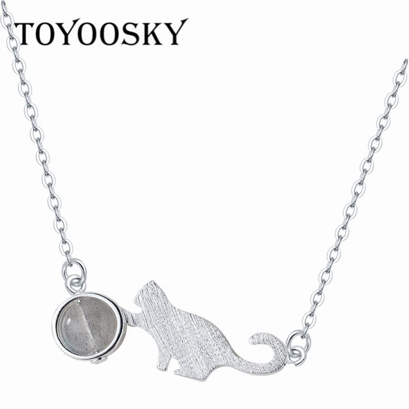 New Vintage 925 Sterling Silver Moonstone Cute Cat Necklaces & Pendants For Women Clavicle Chain Creative Contracted Jewelry