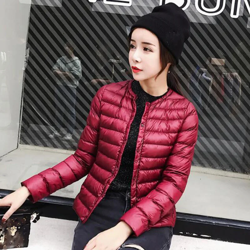 2018 Autumn Winter New Korean Light Thin Short Down Jacket Female Slim Round Neck Warm Button White Duck Down Coats