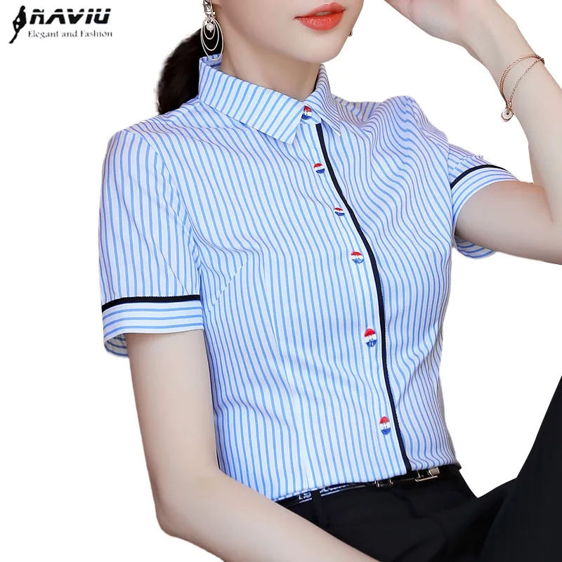 Elegant Blue Stripes Slim Shirt Women Blusas De Mujer Bonitas Y Baratas Short Sleeve Chiffon Blouse Office Ladies Tops