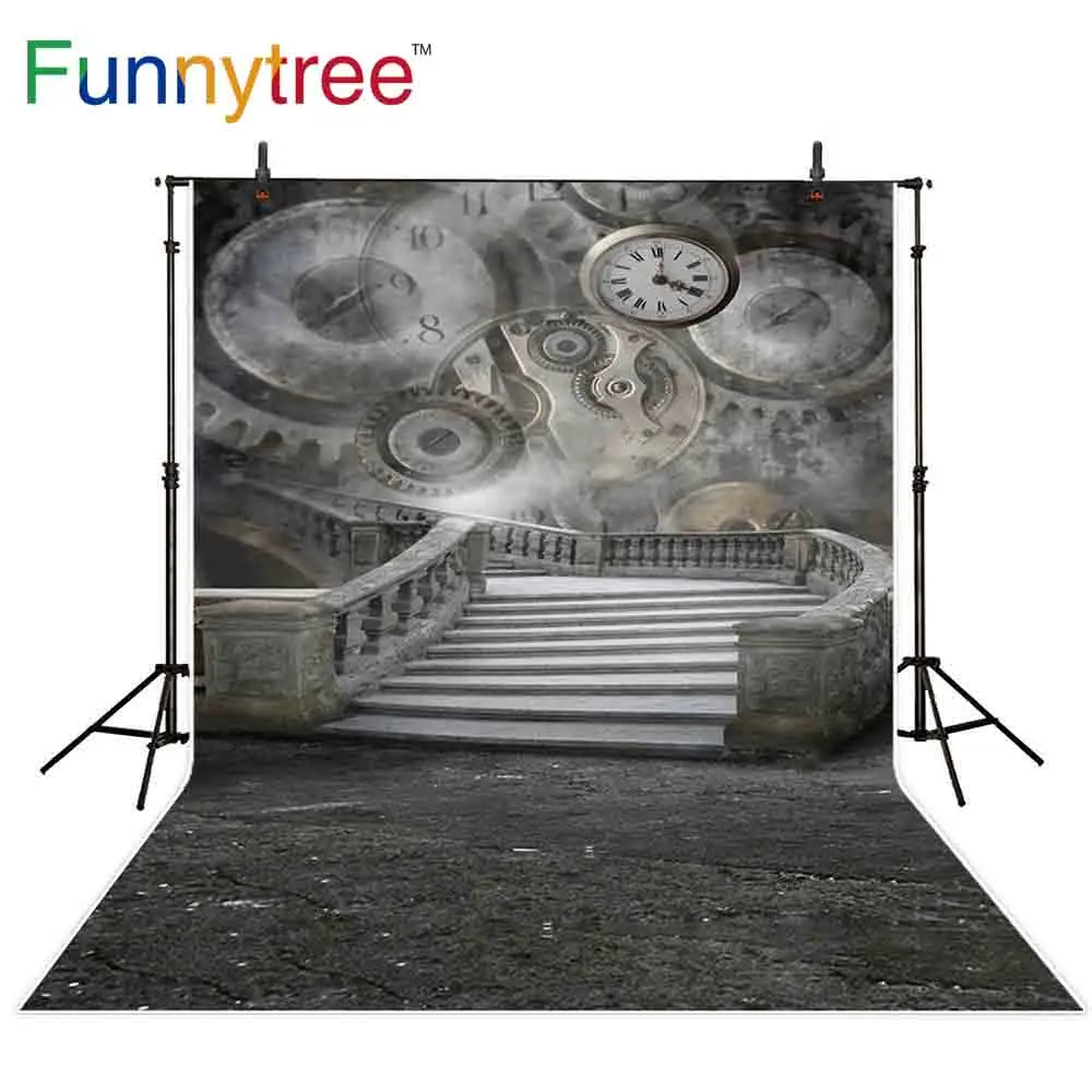 Funnytree backgrounds for photography studio illusory clocks stairs fairy tale children wonderland backdrop photocall photobooth