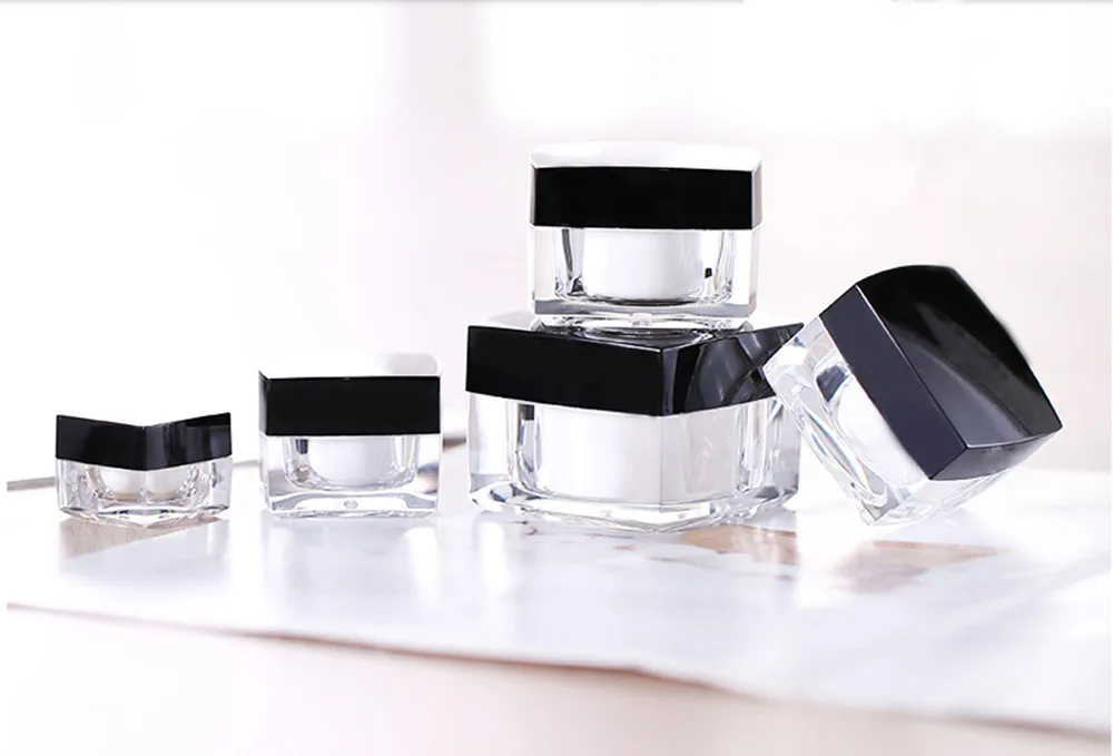 20 x 5g 10g 15g 30g 50g Portable Empty Transparent Square Acrylic Cream Jar With Black Plastic Lids Cosmetic Make Up Containers