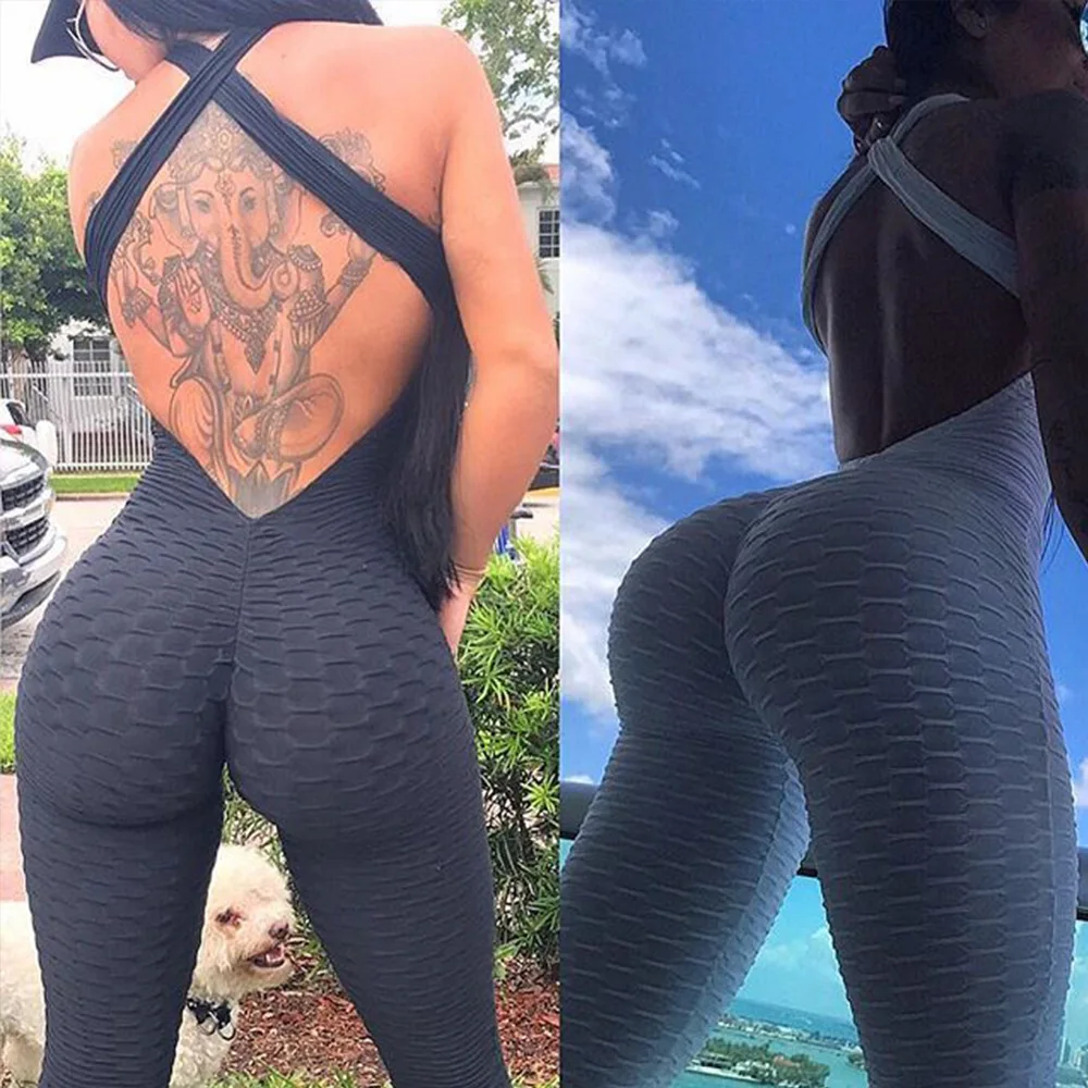 Moda Donna Tuta sportiva sexy aperta sul retro Yoga Set Tuta fitness 2021 tuta da donna controllo della pancia Pantaloni da palestra Abbigliamento