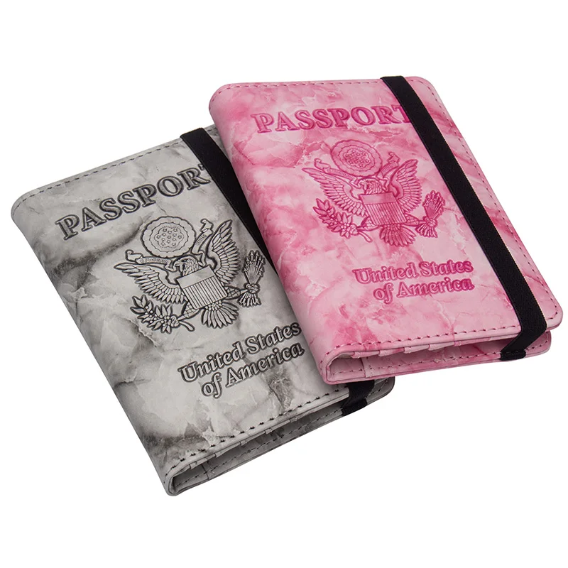 USA Pink glossy marble PU leather Passport Holder complex Cute Business Credit Card Passport Cover with Elastic String