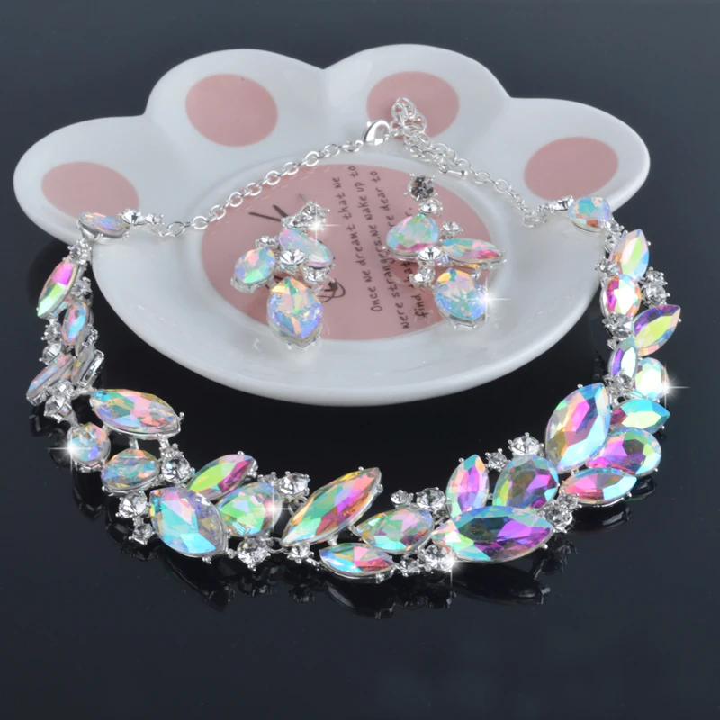 AB Color Marquise Rhinestone Bridal Wedding Jewelry Sets Women Party Necklace Earrings Set Crystal Unique Dress Accessories