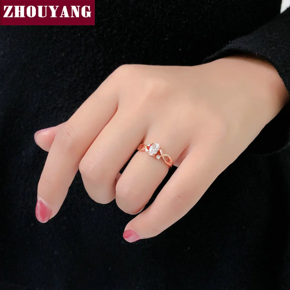 ZHOUYANG Wedding Rings For Women Simple Wavy Shape Four Claw Oval Cubic Zirconia Rose Gold Color Party Gift Fashion Jewelry R785