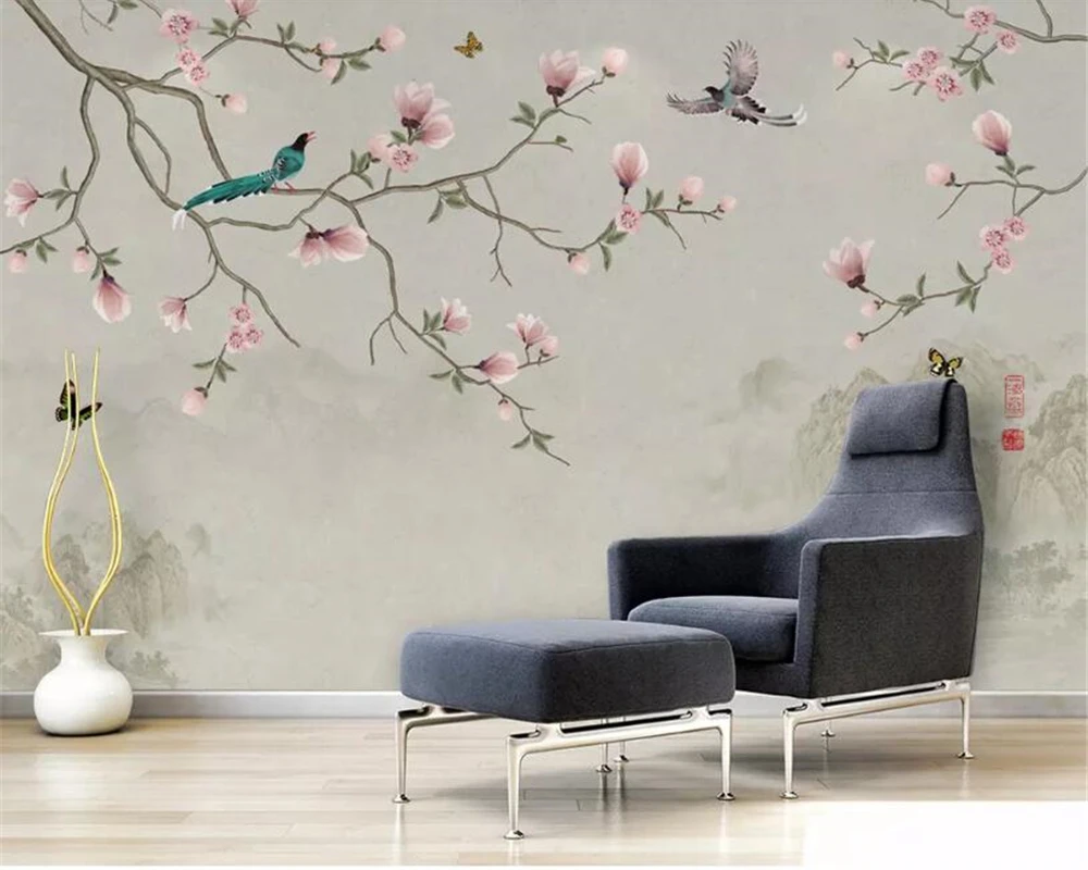 

beibehang Custom wallpaper modern Hand-painted magnolia flower bird TV background wall wallpaper for walls 3 d murals paper