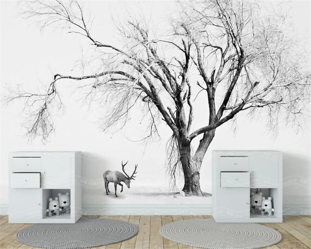 

Beibehang Custom Wallpaper Living Room Bedroom Background 3d Wallpaper Nordic Abstract Black and White Trees TV Background mural