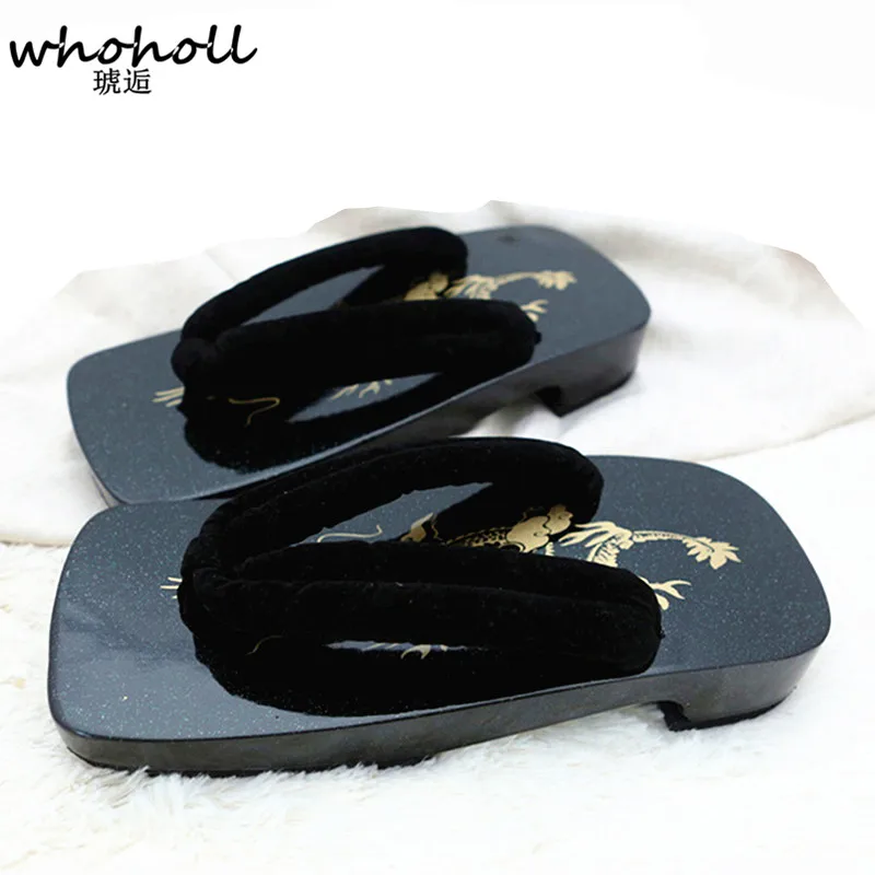 WHOHOLL Geta Dragon Pattern Japanese Geta Wooden Flat Flip-flops for Man Summer Sandals Cosplay Kimono Shoes Black Bottom Clogs