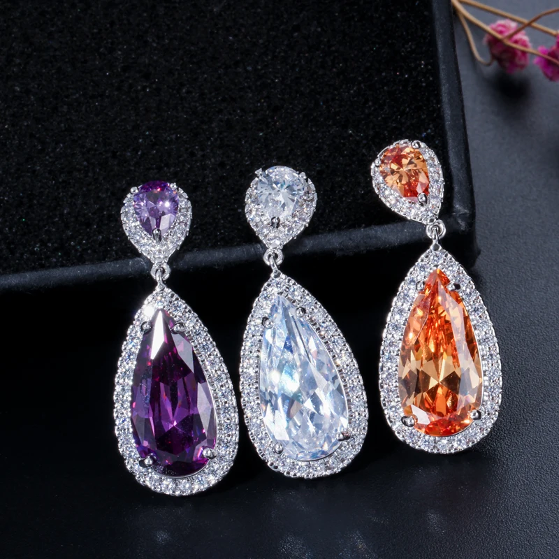 CWWZircons Classic Silver Color White Cubic Zirconia Crystal Long Tear Drop Dangle Earrings For Women Party Jewelry Gift CZ058