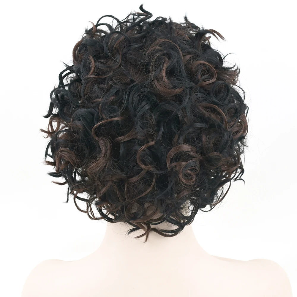 Soowee Curly Black Mix Brown Short Cosplay Wig Hairstyle False Hair Synthetic Afro Wigs for Men and Women