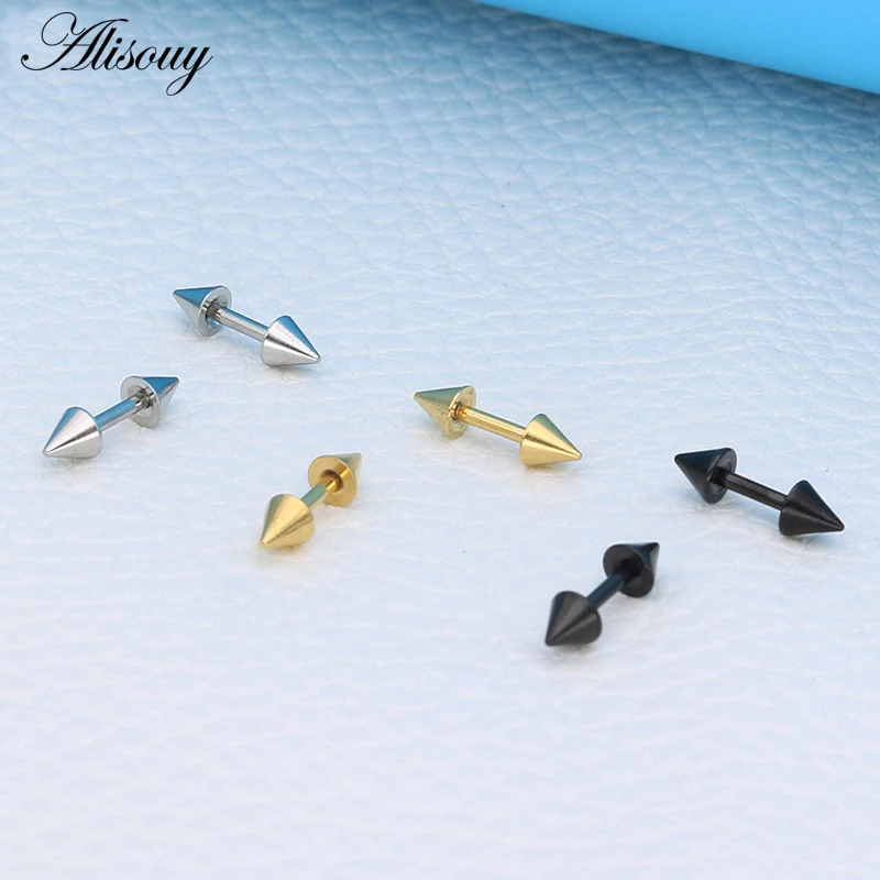 Alisouy Hot 2 Pcs Unisex Punk Rock Personality Stainless Steel Spike Rivet Sharp Cone Taper Mem Women Stud Earrings 3 Colors