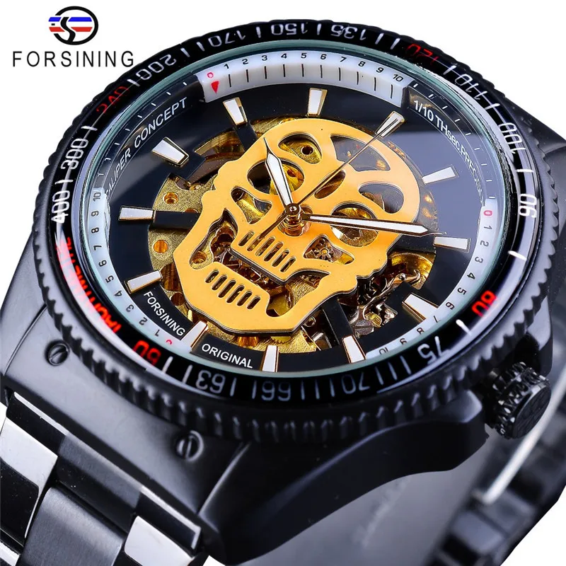 2018 Fashion Winner Brand Man Steampunk Skull Auto Mechanical Clock Black Stainless Steel Skeleton Dial Cool Design Wrist Watch