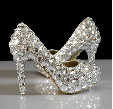 Crystal Rhinestone Women Wedding Shoes White Bridal Shoes Big Size 42 43 Married High-heel Shoes Female Diamond Escarpins