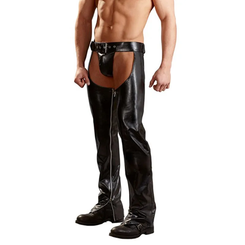 Sexy Men Faux PU Leather Crotchless Pants Wetlook Black Side Zipper Trousers Nightclub Open Front Leather Pants Exotic Lingerie