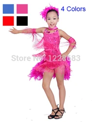 New Feather Sequin Fringe Cocktail Latin Salsa Dresses Children Kids Girls Dance Costumes Salsa Dance Dresses