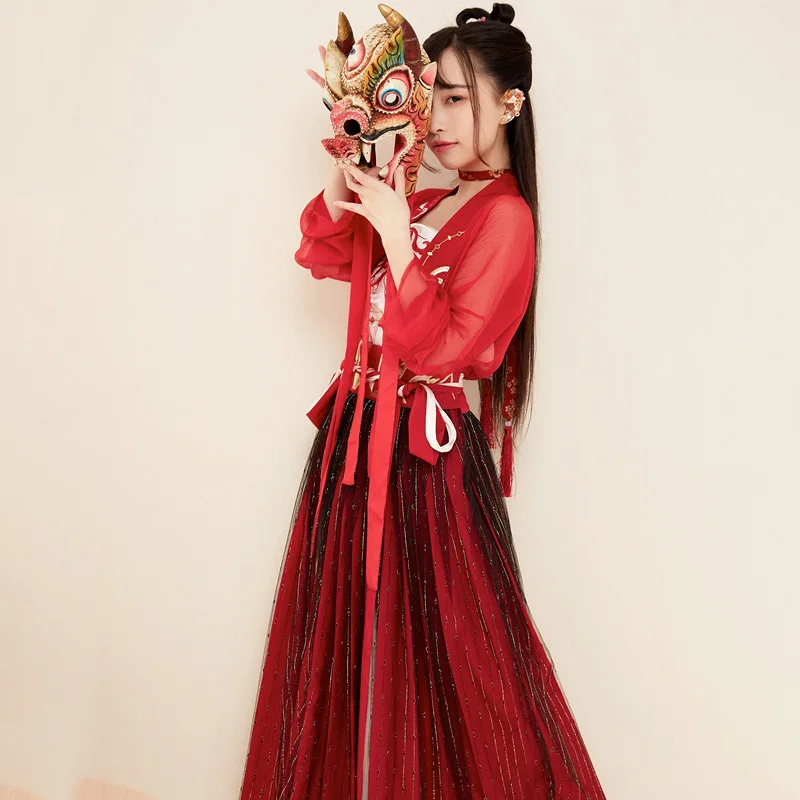 

Red Hanfu For Women Chinese National Dance Costume Traditional Performance Clothing Oriental Stage Wear Festival Outfit DC1830