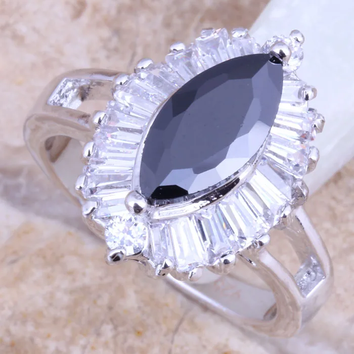 Delightful Black Cubic Zirconia White CZ Silver Plated  Women's Ring Size 6 / 7 / 8 / 9 R1418