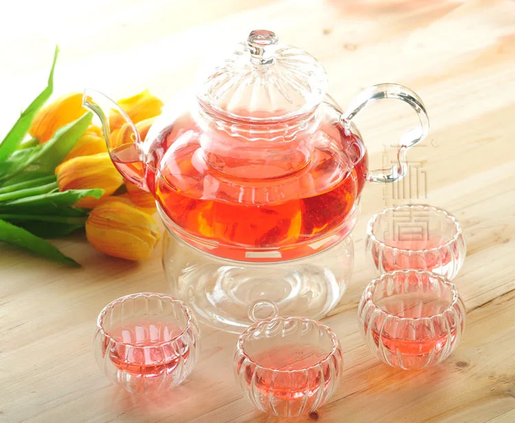 

Pumpkin 800ml Glass teapot with infuser/filter+ 4/6 Cups, Warmer,candle,coffee set for Oolong/Chinese/puer/Dahongpao tea