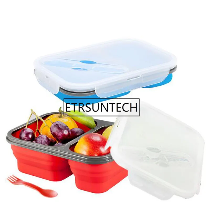 

2 Cells Silicone Collapsible Portable Lunch Box Microwave Oven Bowl Folding Food Storage Lunch Container Lunchbox