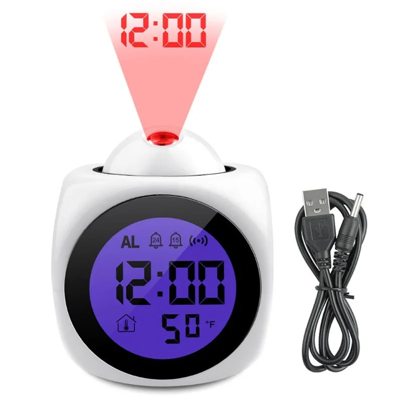 Projection Alarm Clock Night Lights Temperature Digital Time Voice Snooze Multifunction Display Home Table Bedsides Bedroom Lamp