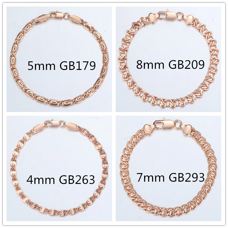 3/4/5/6/7/8/14mm Wide 585 Rose Gold Color Bracelet for Women Chain Snail Curb Braided Foxtail Link 18/20cm Women Jewelry GBM01