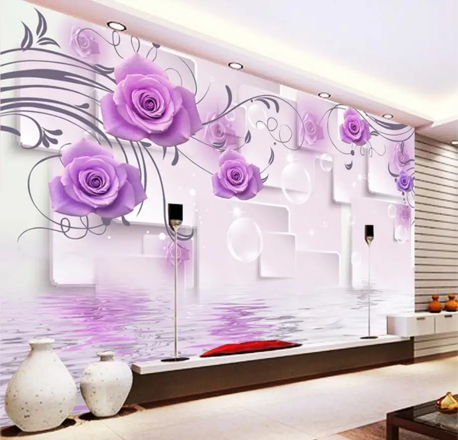 

Beibehang Custom Wallpaper Living Room Bedroom Fresco Romantic Beauty Purple Rose 3D Reflection TV Sofa Background 3d wallpaper