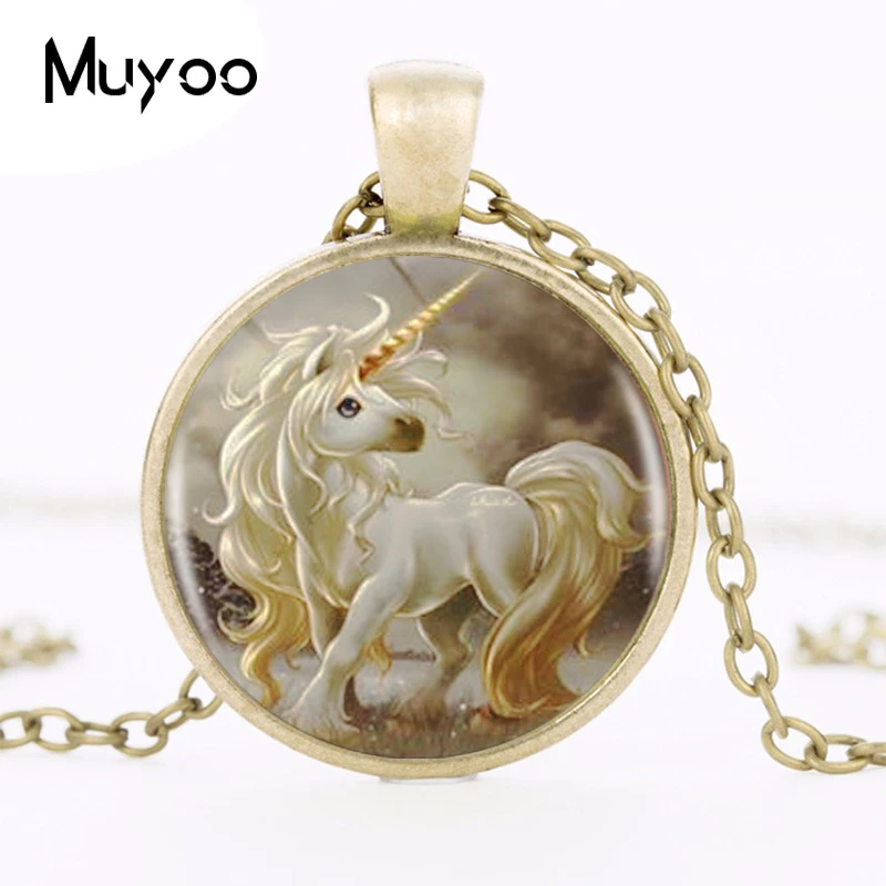 Cute Unicorn Logo Pendant Necklace Pegasus Steed Horse Bestselling Handmade Round Resin Vintage Neckalce Jewelry HZ1