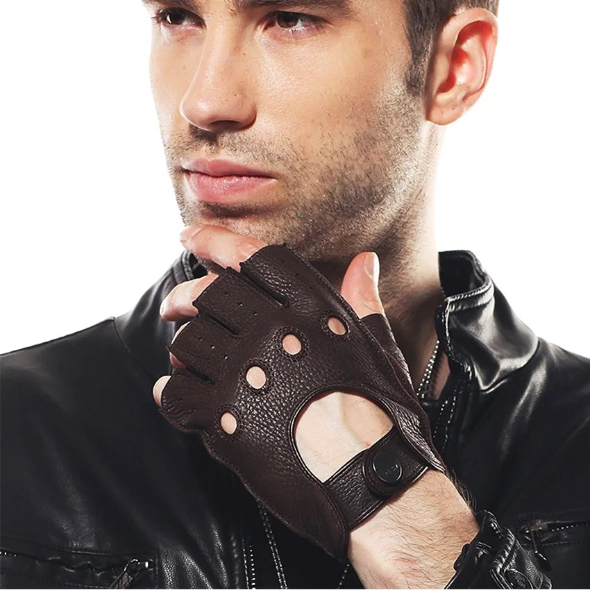 Real Leather Gloves Male Fashion Deerskin Half Finger Driving Gloves Wrist Adult Fingerless Mittens Men Genuine Leather EM001W