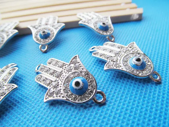 3pcs Silver tone Sideway The hand of Fatima Hamsa Connector Pendant Charm/Finding,31pcs White Rhinestone & 1pcs Blue Evil Eye