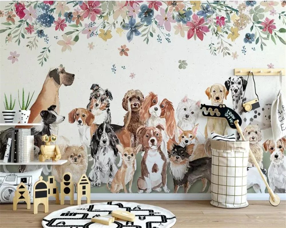 Custom size wallpaper Nordic creative dog group flower children's room kindergarten background wall home decoration 3d wallpaper