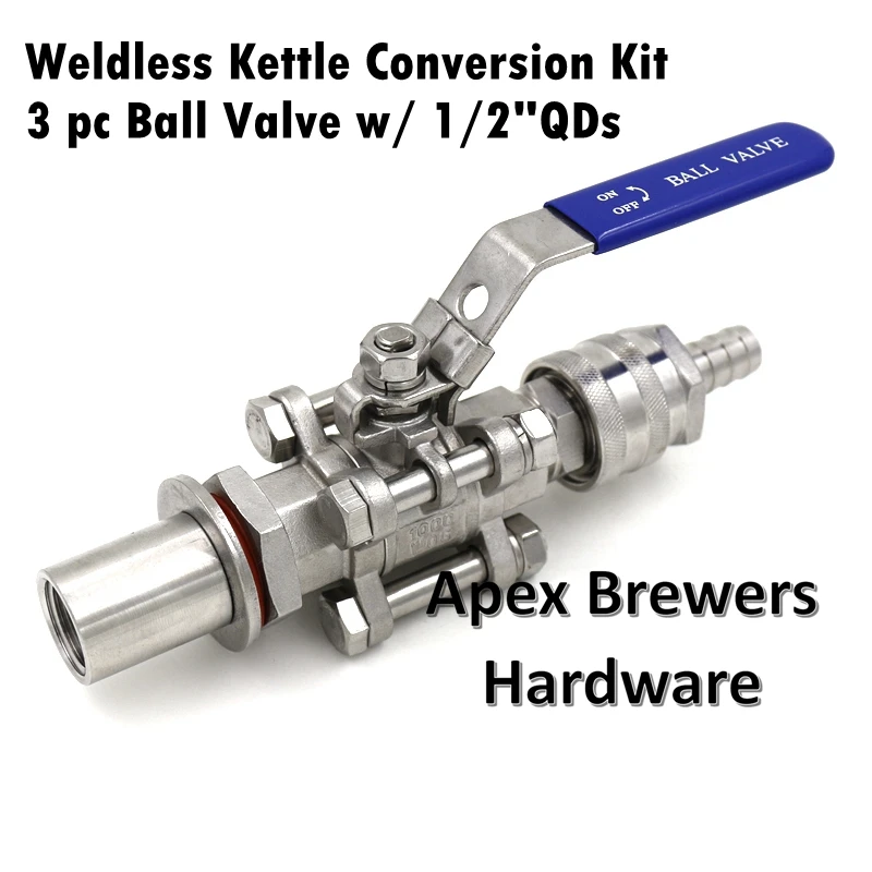 

Weldless Kettle Conversion Kit w/ 1/2" Quick Disconnects, 3 pc SS316 Ball Valve, Homebrew Hardware